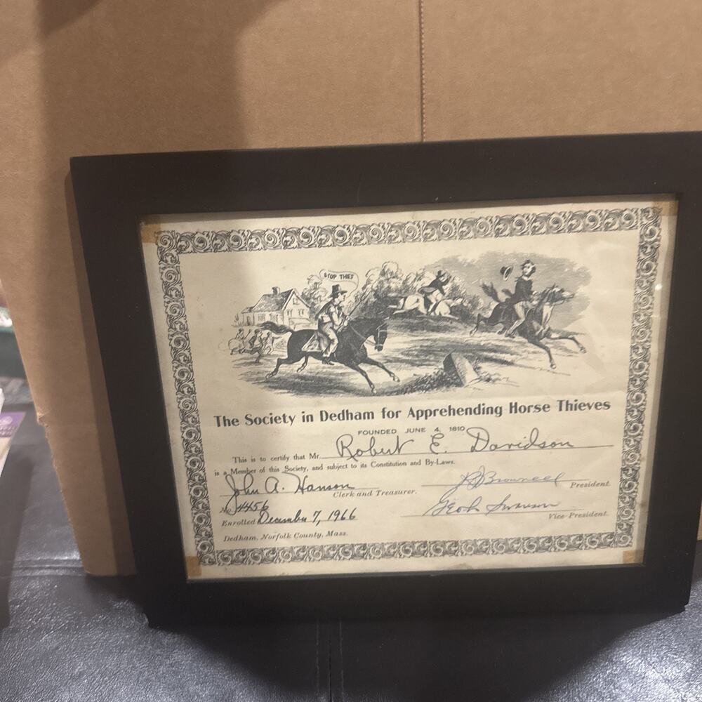1966 Society in Dedham Horse Thieves Membership Certificate Framed Vintage MA